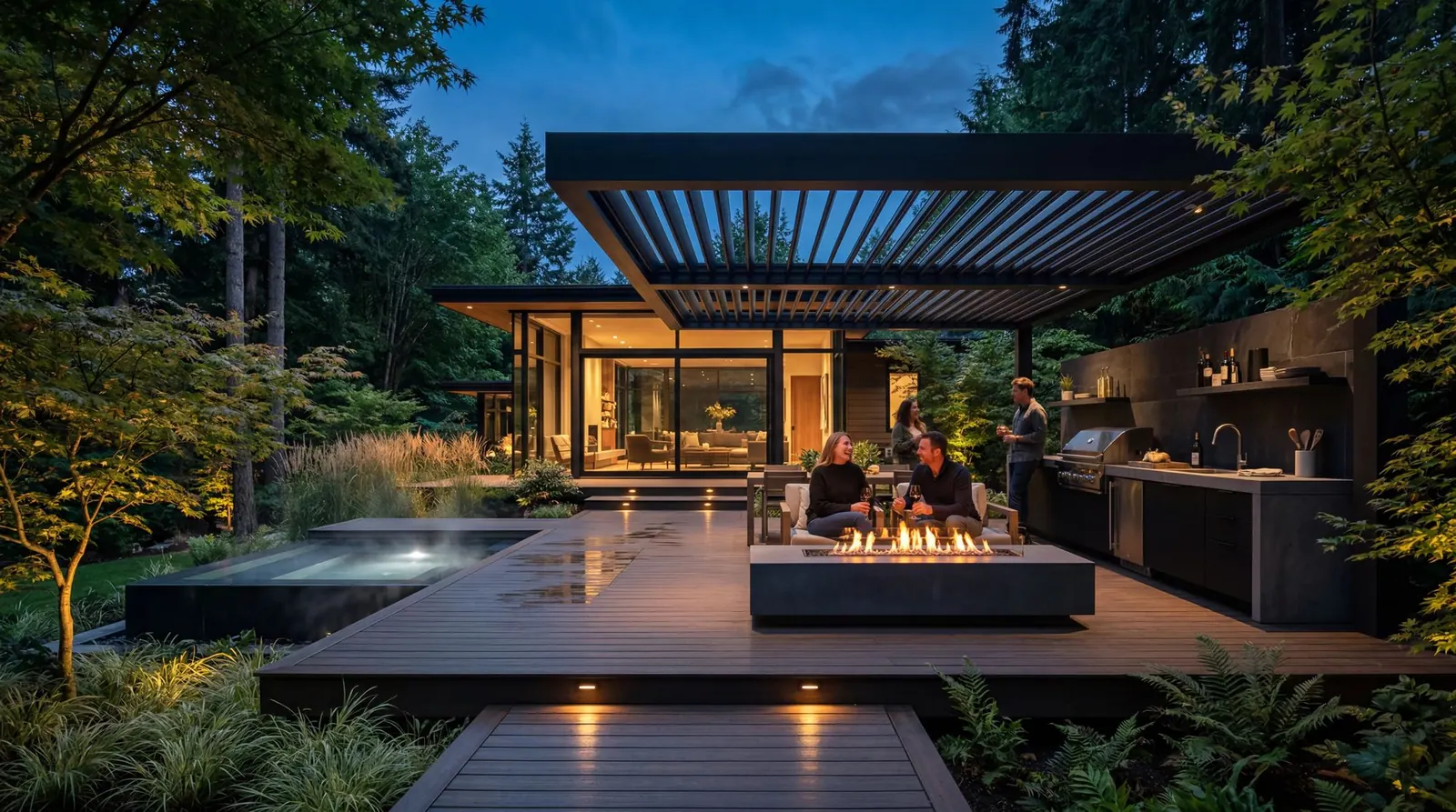 Modern backyard pergola and pool at dusk
