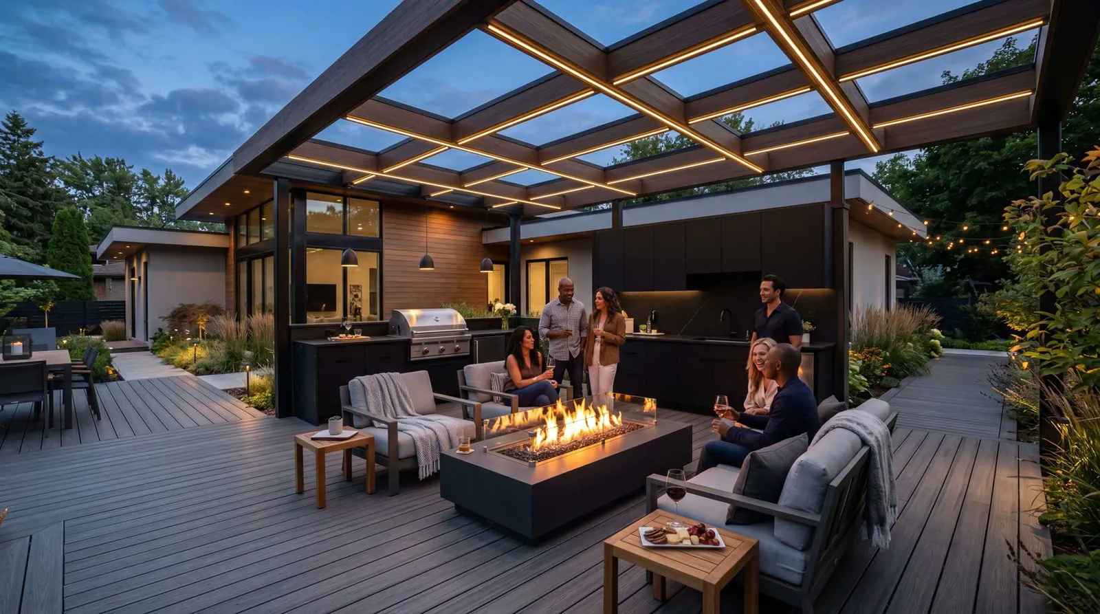 Composite deck with built-in fire pit at dusk
