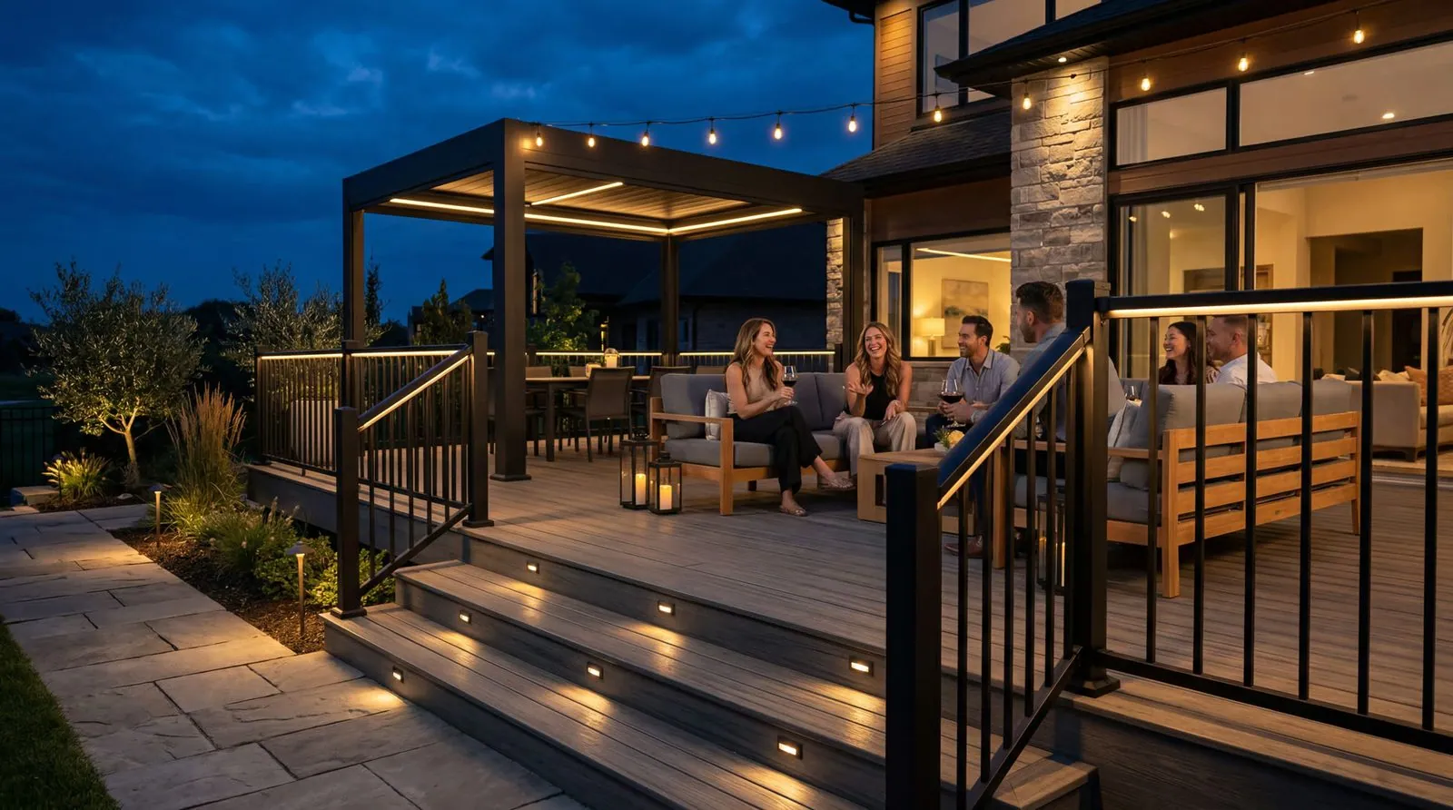 Low-voltage deck lighting on stair risers at night