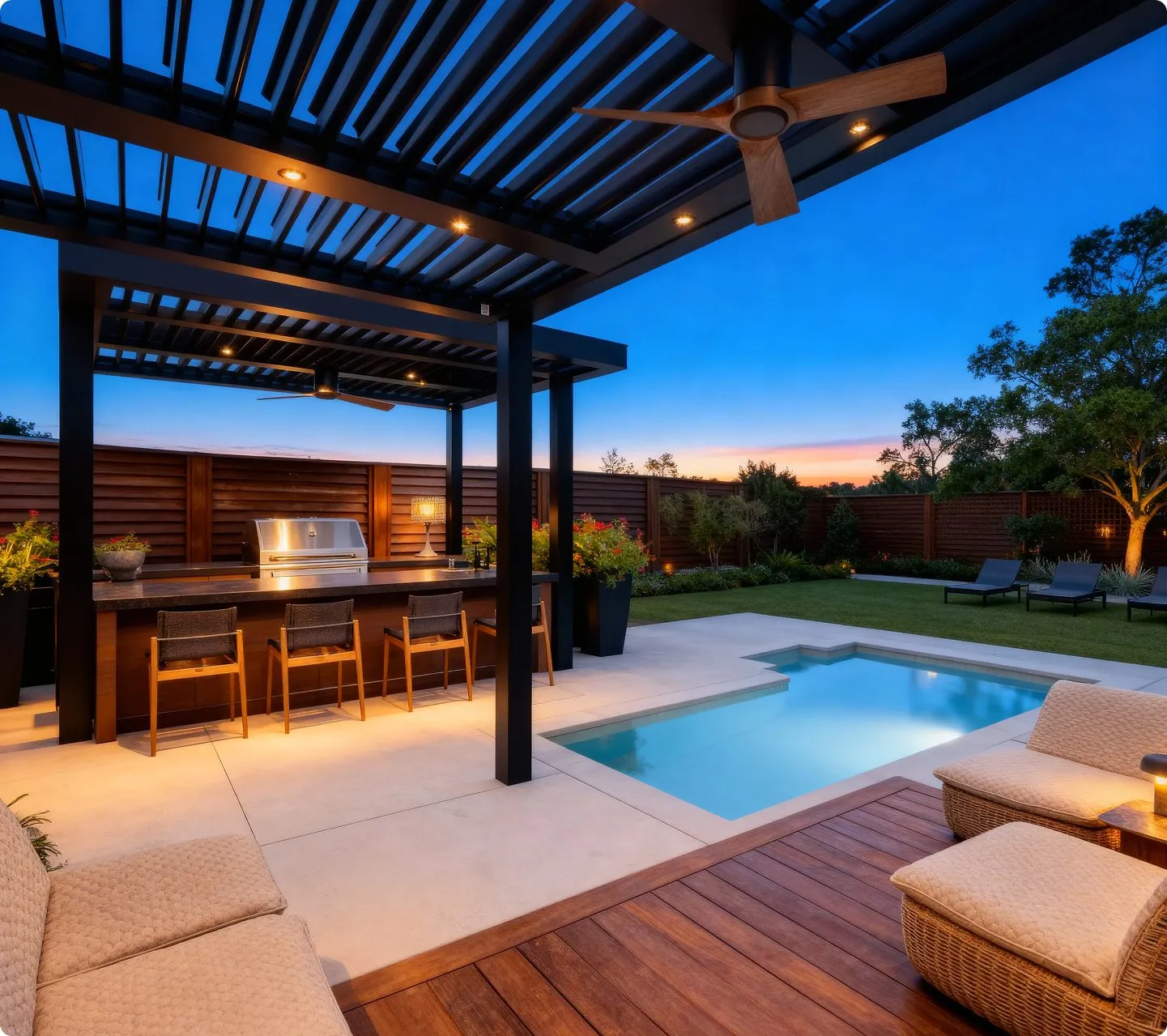 ModernXscapes louvered pergola built over a finished Fox Valley patio