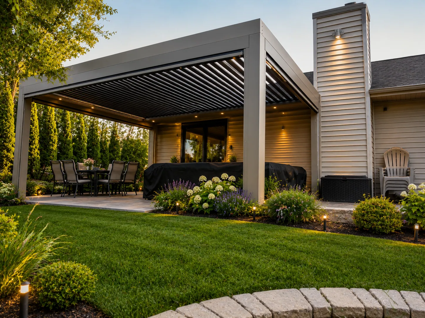 Gray louvered aluminum pergola shading a paver patio behind a Fox Crossing home