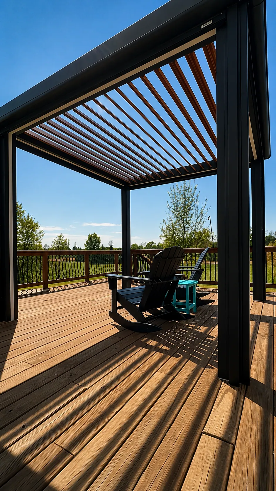 Black and wood-tone louvered pergola shading a spacious deck in Janesville, Wisconsin