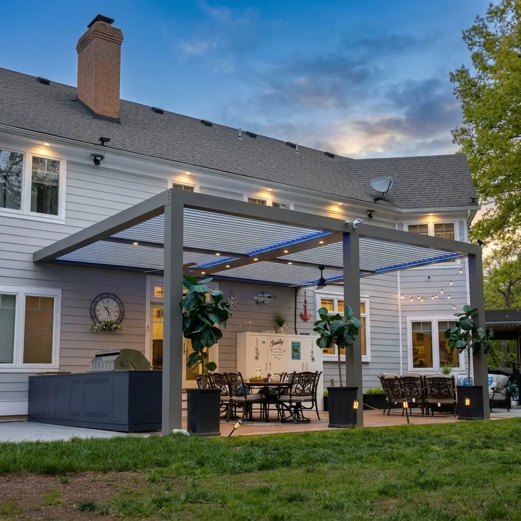 Louvered pergola on a Mequon lakeside patio
