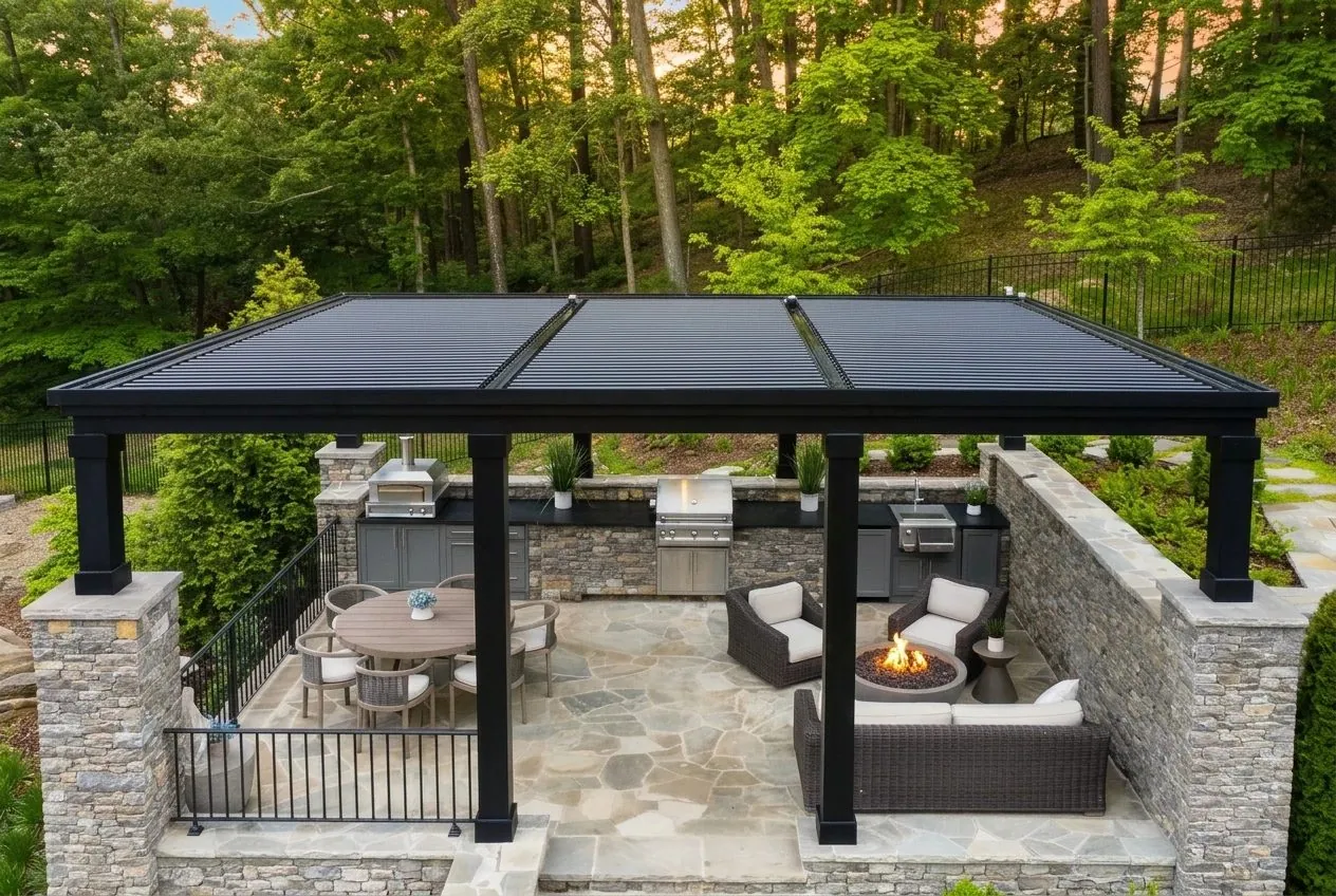 Louvered pergola over a lakeside patio at dusk