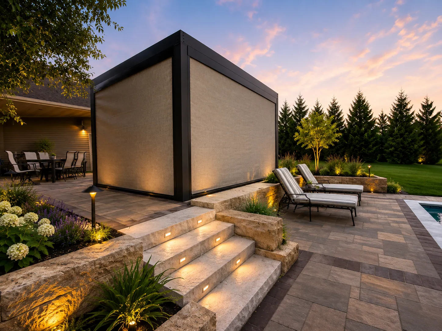 Modern black pergola with retractable screens and illuminated stone steps in Reedsville, Wisconsin