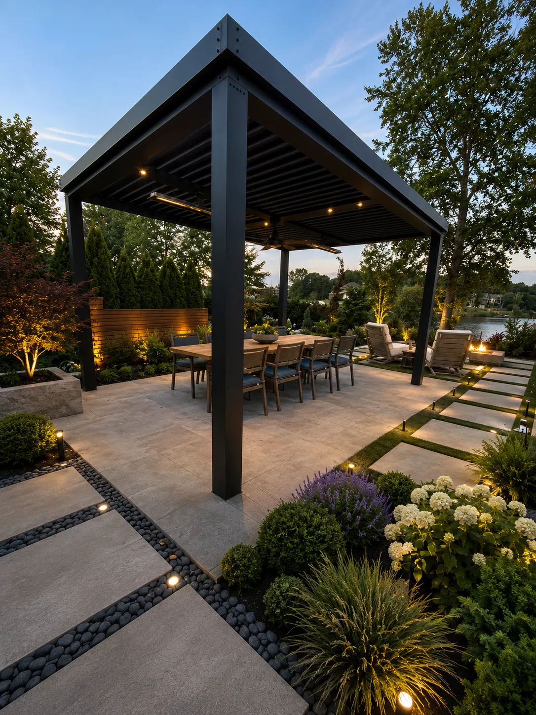 Black louvered pergola over a stone patio with dining and lounge seating in Sheboygan, Wisconsin