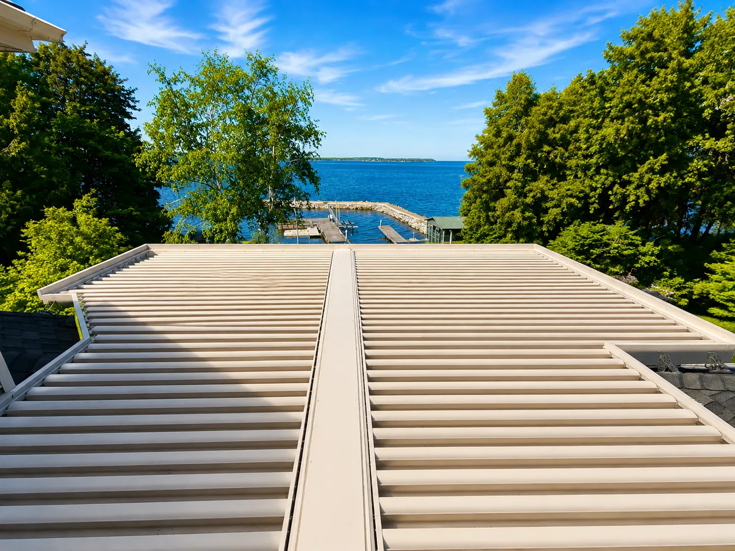 Close view of louvered pergola roof panels overlooking the bay in Sturgeon Bay, Wisconsin