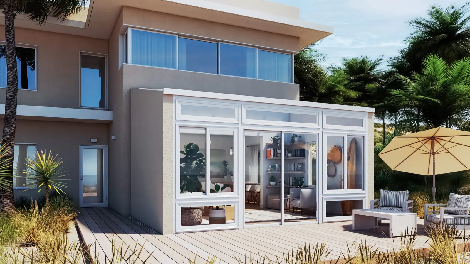 Rendering of a sunroom integrated into a new backyard structure