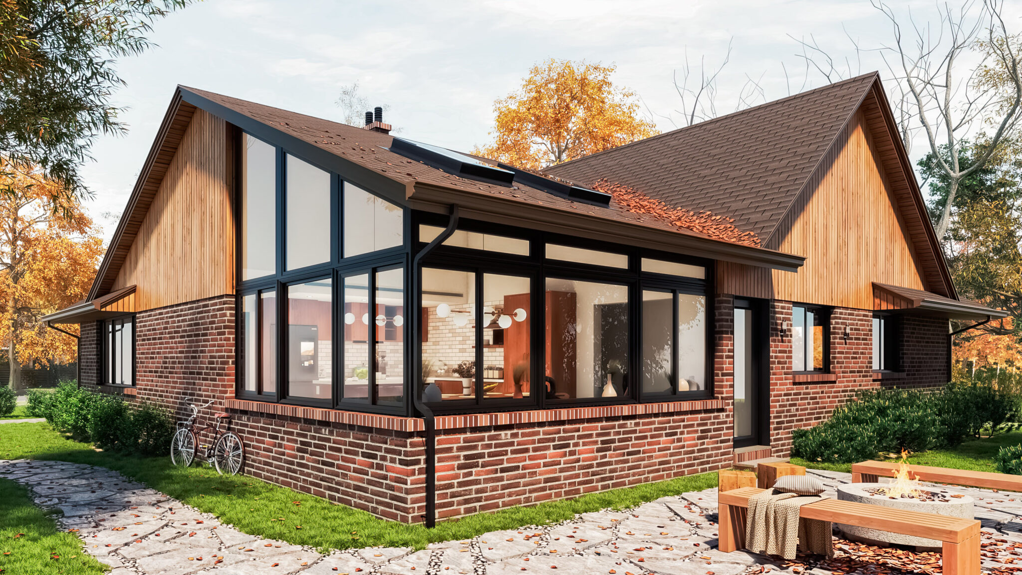 Rendering of an existing covered porch converted into a glass sunroom