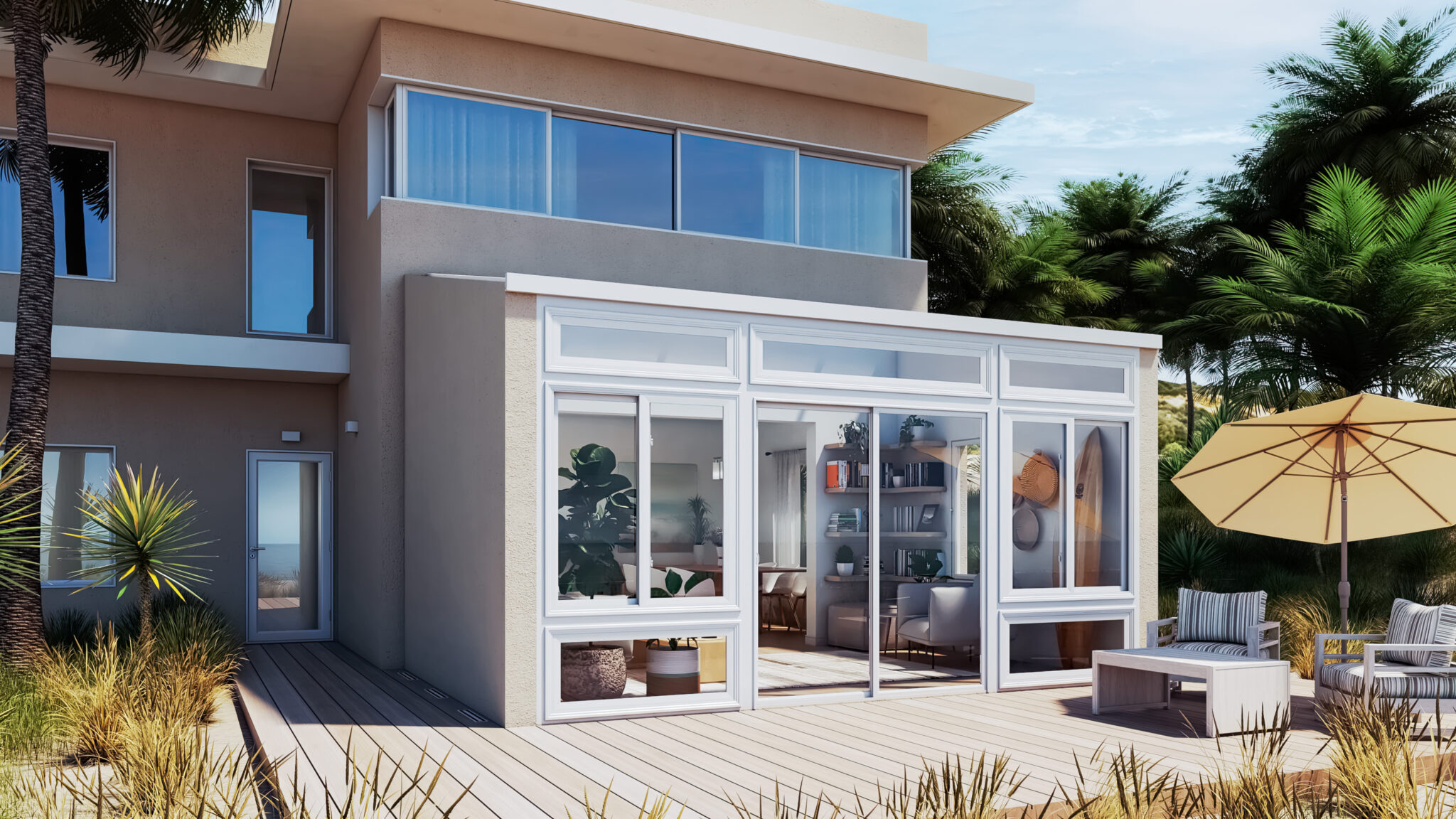 Rendering of a sunroom integrated into a new backyard structure